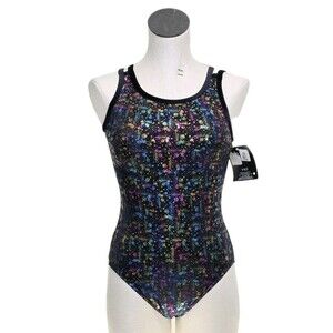 GK Elite AL Rainbow Foiled Celebration Dance Leotard Bodysuit VTG Black NWT
